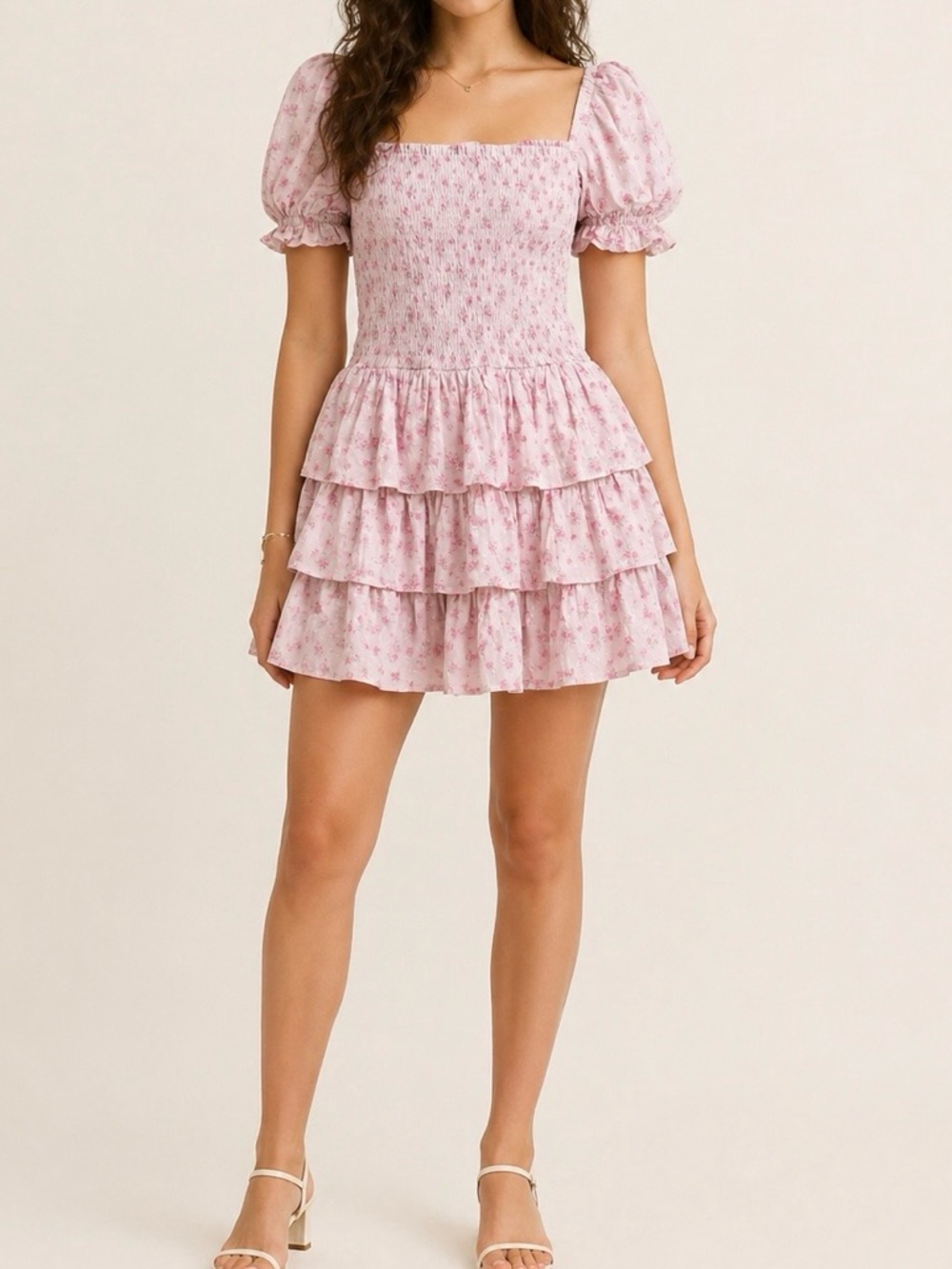 Altar’d State Pink Floral Smocked Puff Sleeve Tiered Mini Dress NWT Size L